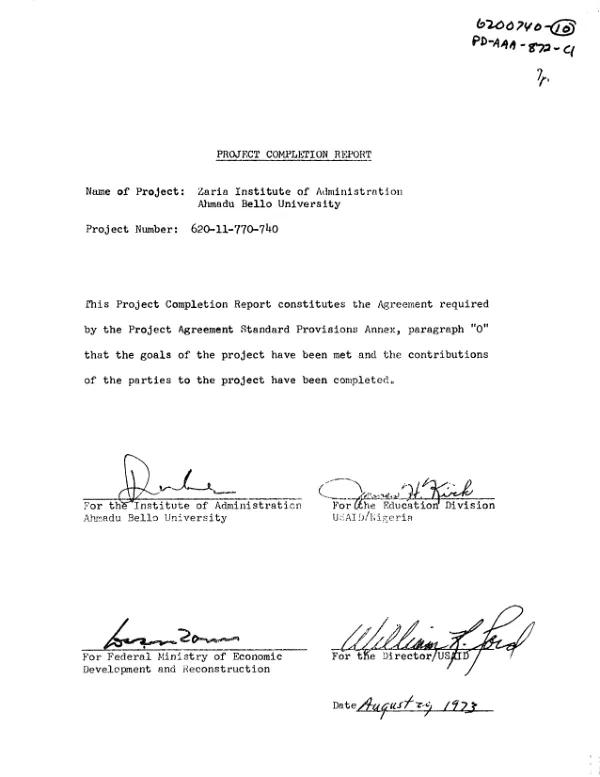 PROJECT COMPLETION REPORT : ZARIA INSTITUTE OF ADMINISTRATION, AHMADU BELLO UNIVERSITY