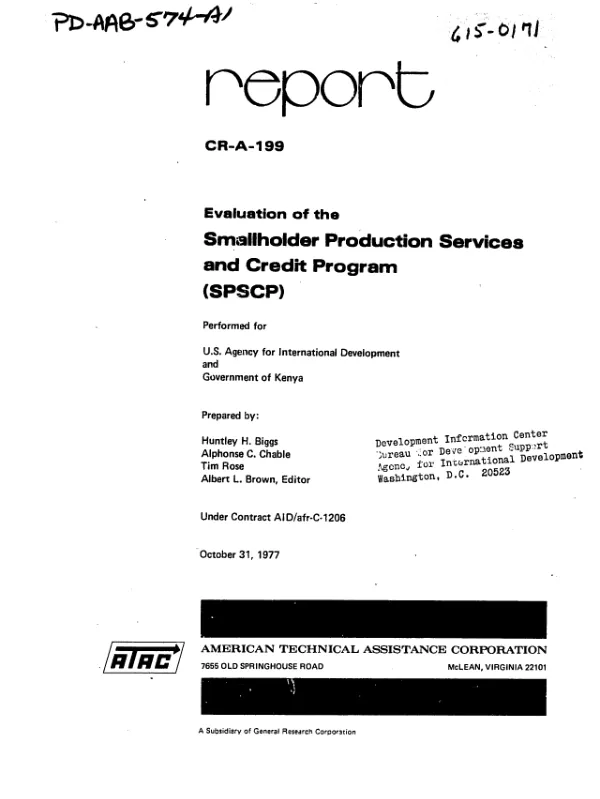 EVALUATION OF THE SMALLHOLDER PRODUCTION SERVICES AND CREDIT PROGRAM (SPSCP)