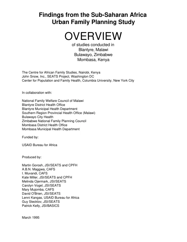 Findings from the sub-Saharan Africa urban family planning study : overview of studies in Blantyre, Malawi; Bulawayo, Zimbabwe; Mombasa, Kenya