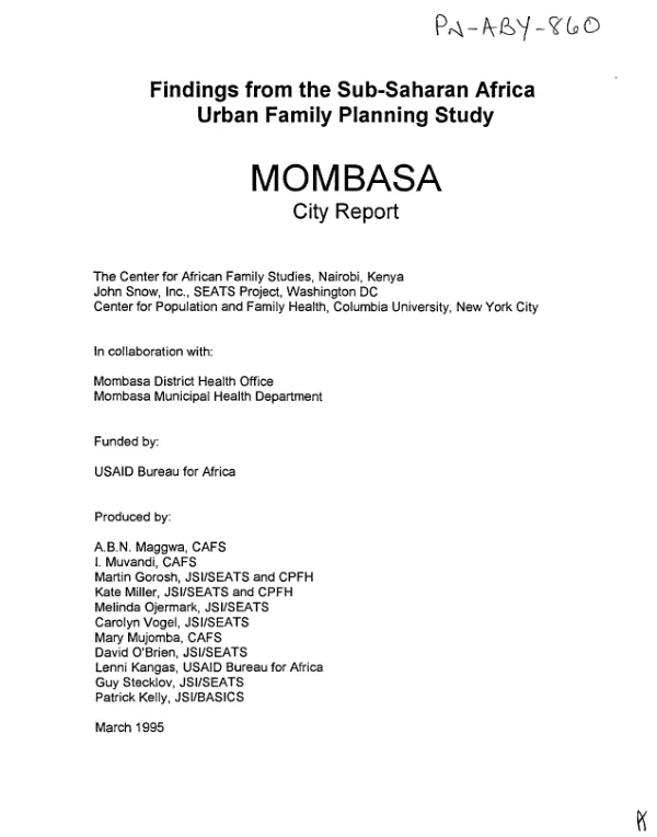 Findings from the sub-Saharan Africa urban family planning study : Mombasa city report
