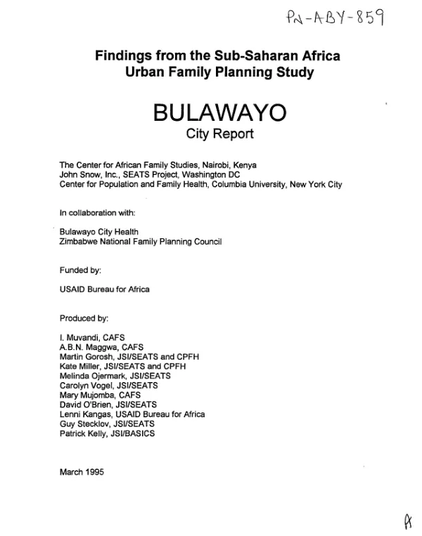 Findings from the sub-Saharan Africa urban family planning study : Bulawayo city report