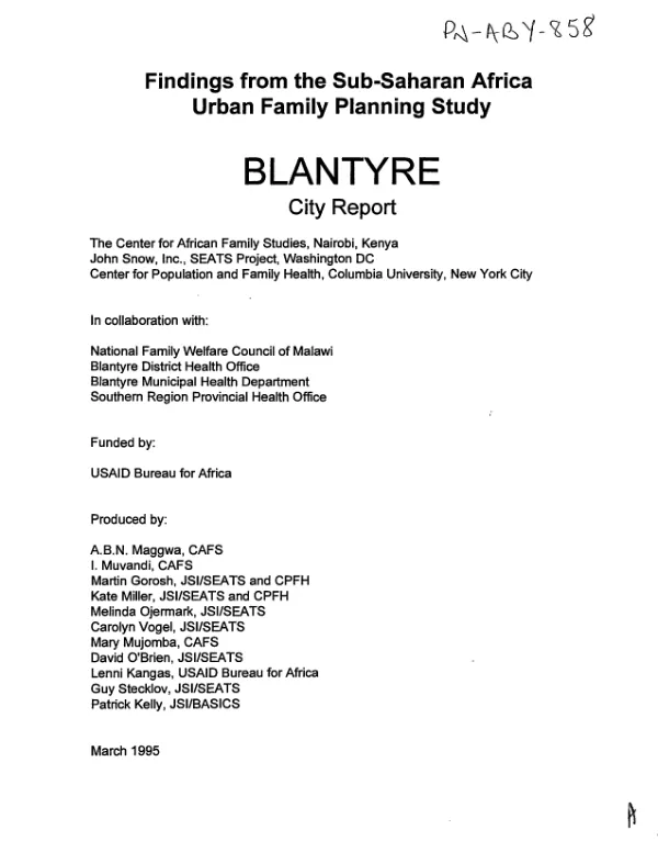 Findings from the sub-Saharan Africa urban family planning study : Blantyre city report