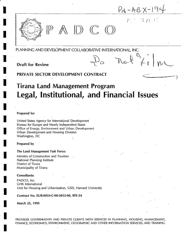 Private sector development contract : Tirana land management program -- legal, institutional, and financial issues