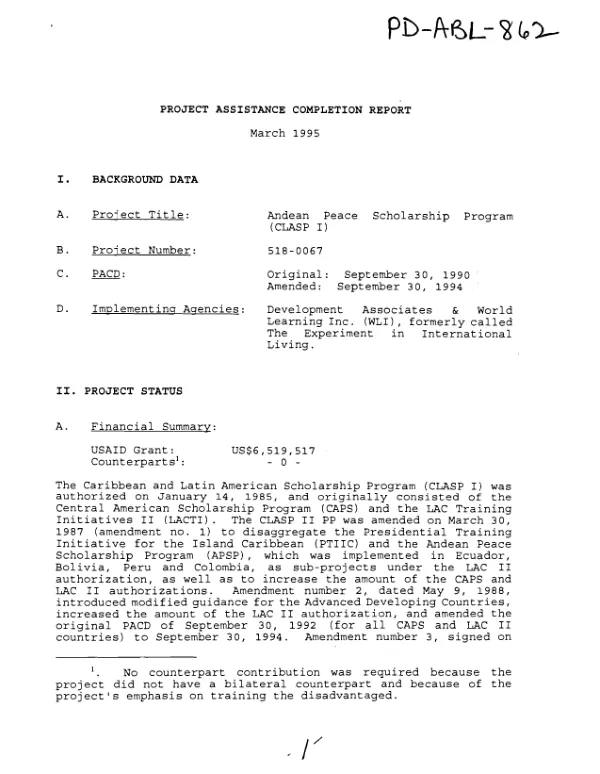 Project assistance completion report : Andean peace scholarship program (CLASP I)