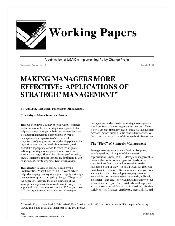 Making managers more effective : applications of strategic management