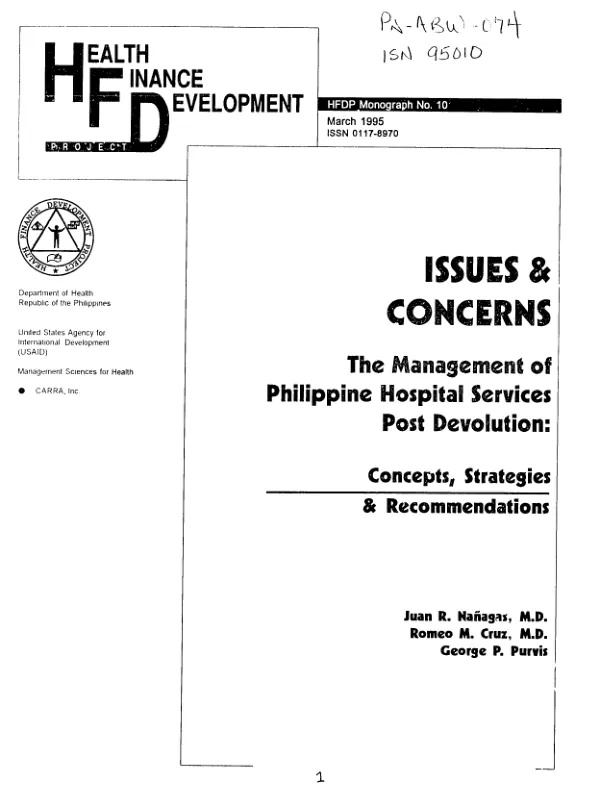 Issues and concerns -- the management of Philippine hospital services post devolution : concepts, strategies and recommendations