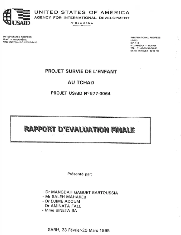 Projet survie de l"enfant au Tchad, projet USAID no. 677-0064 : rapport d"evaluation finale