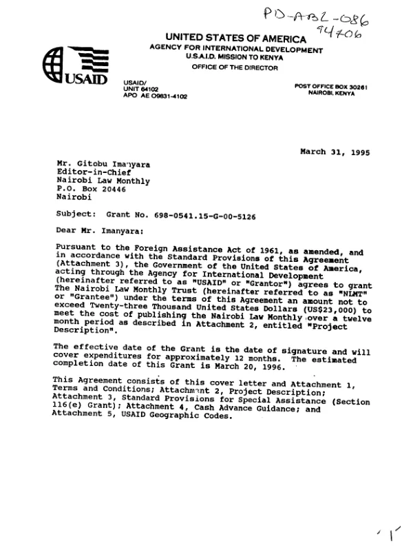 AID grant no. 698-0541.15-G-00-5126 to the Nairobi Law Monthly Trust in support of publishing over a twelve month period