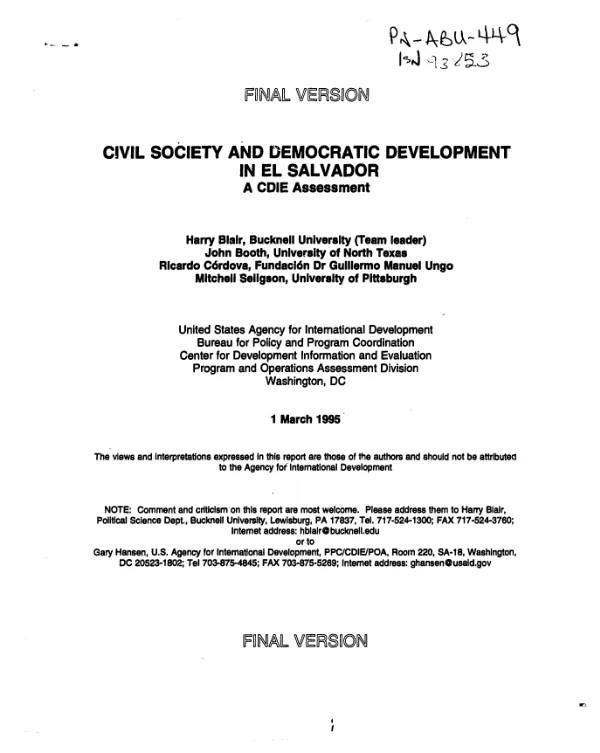 Civil society and democratic development in El Salvador : a CDIE assessment