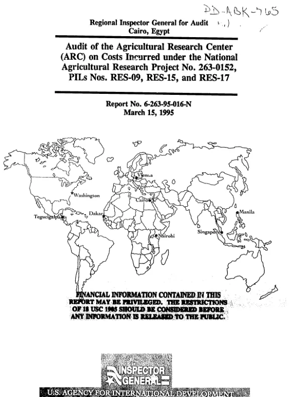 Audit of the Agricultural Research Center (ARC) on costs incurred under the national agricultural research project no. 263-0152, PILs nos. RES-09, RES-15, and RES-17