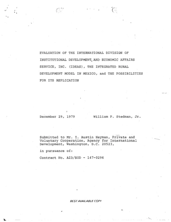 Evaluation of the international division of Institutional Development and Economic Affairs Service, Inc. (IDEAS), the integrated rural development model in Mexico, and the possibilities for its replication