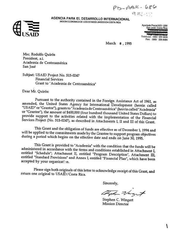 AID grant to Academia de Centroamerica in support of the financial services project (515-0247)