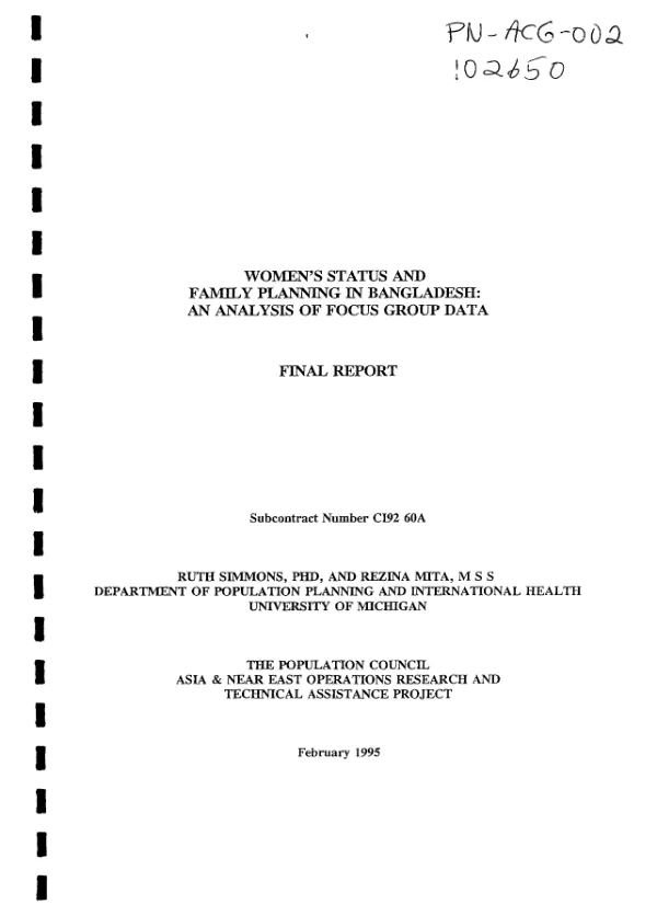 Women"s status and family planning in Bangladesh : an analysis of focus group data -- final report