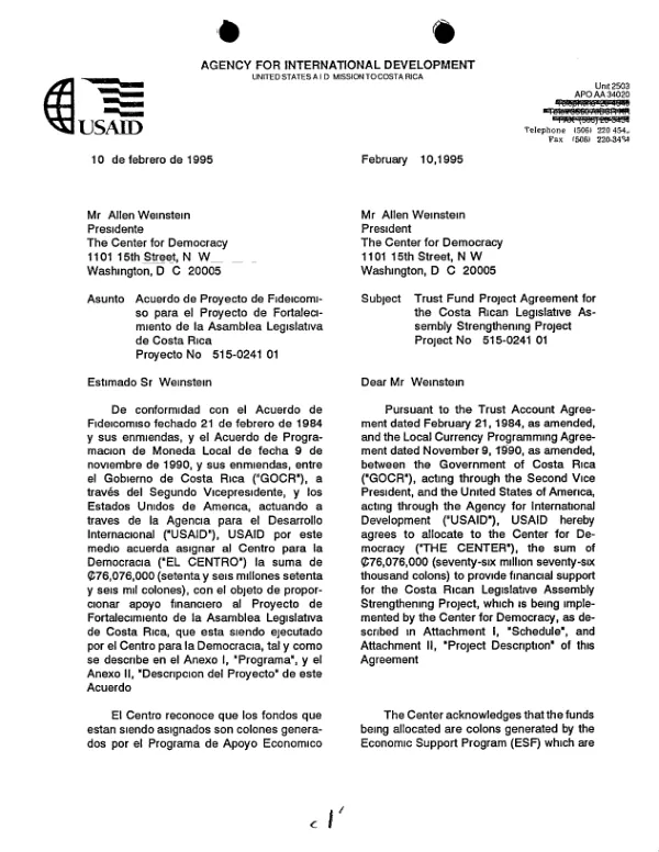 USAID trust fund project fund agreement with the Center for Democracy to provide financial support for the Costa Rican legislative assembly strengthening project