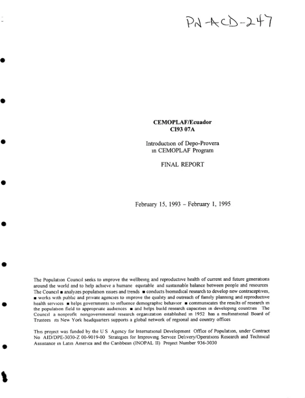 CEMOPLAF [Centro Medico de Orientacion y Planificacion Familiar]/Ecuador CI93.07A : introduction of Depo - Provera in CEMOPLAF program - final report - February 15, 1993 - February 1, 1995