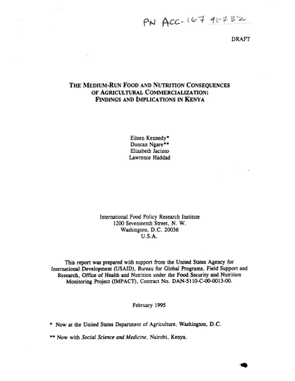 Medium-run food and nutrition consequences of agricultural commercialization : findings and implications in Kenya