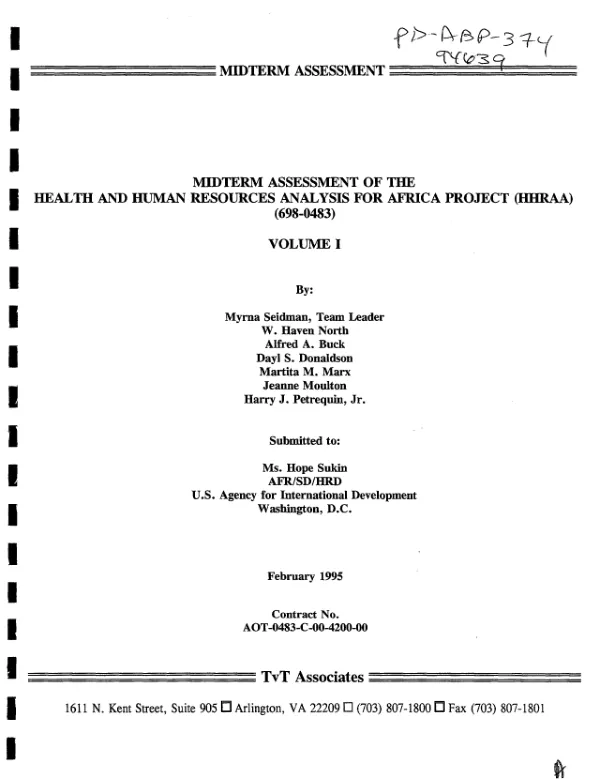 Midterm assessment of the health and human resources analysis for Africa project (HHRAA) (698-0483), volume I