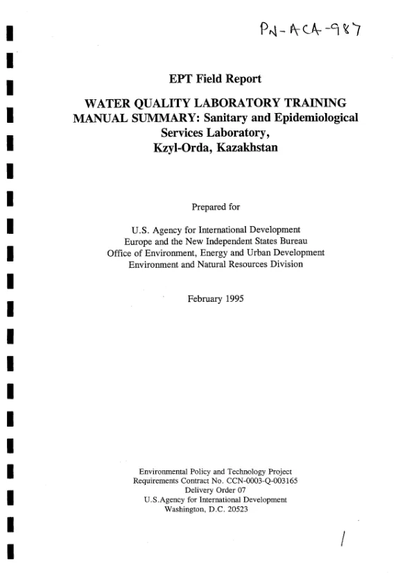 EPT field report -- water quality laboratory training manual summary : Sanitary and Epidemiological Services Laboratory, Kzyl-Orda, Kazakhstan