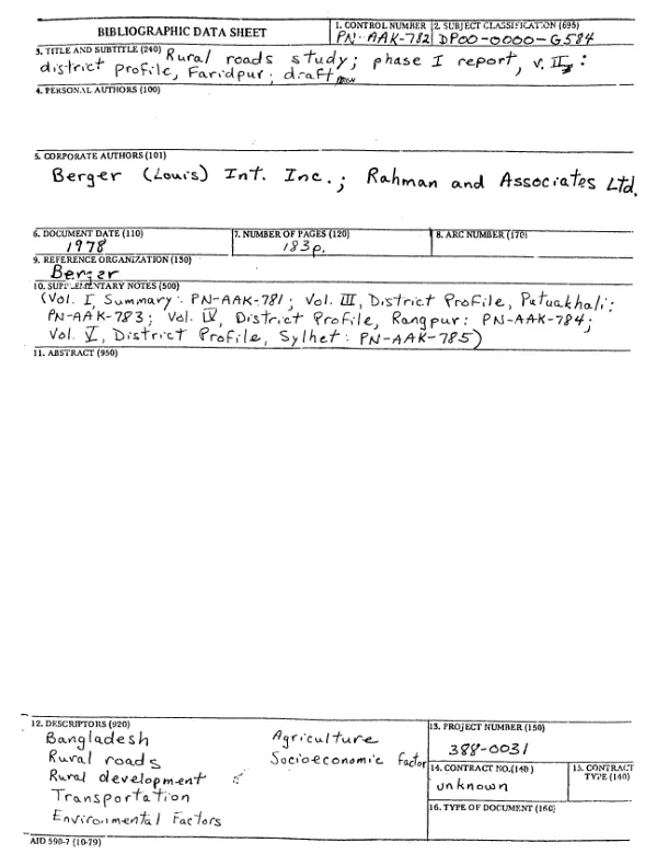 Rural roads study : phase I report, Vol. II; district profile, Faridpur; draft