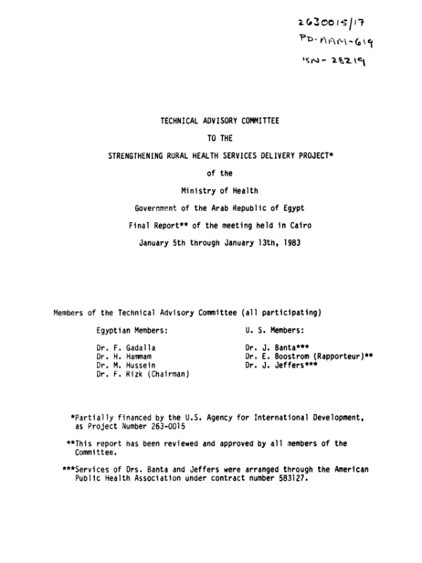 Technical advisory committee to the strengthening rural health services delivery project : report of the meeting held in Cairo, January 5th through January 13th, 1983