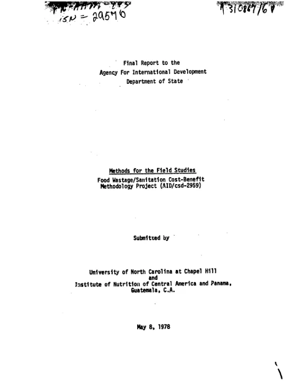 Methods for the field studies : food wastage/sanitation cost-benefit methodology project