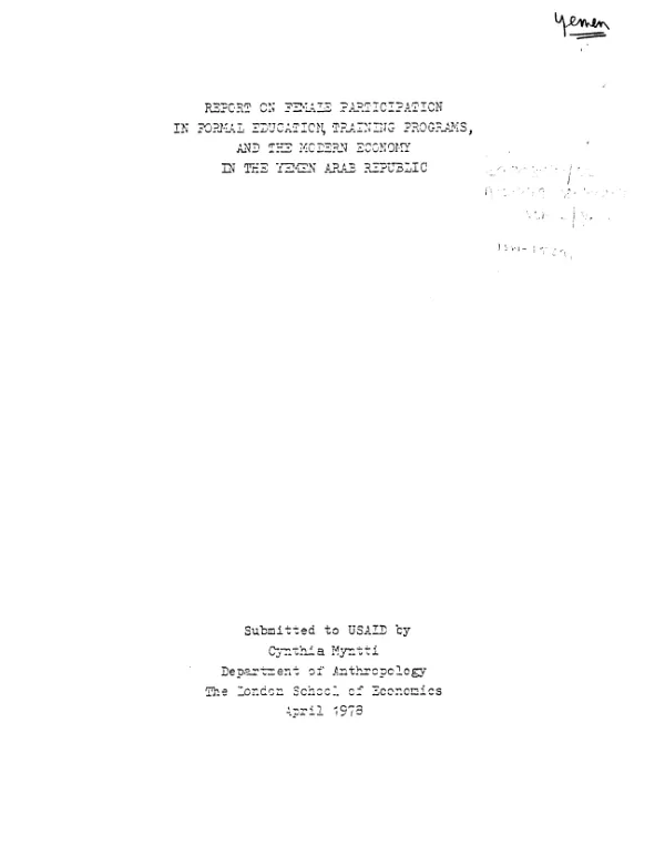Report on female participation in formal education, training programs, and the modern economy in the Yemen Arab Republic