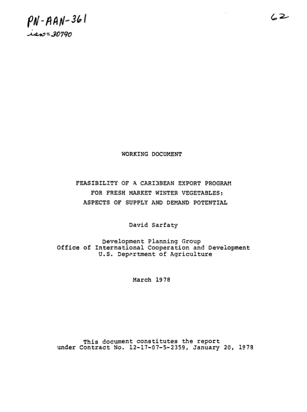Working document; feasibility of a Caribbean export program for fresh market winter vegetables : aspects of supply and demand potential
