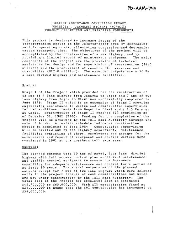 Project assistance completion report - project : Jagorawi highway