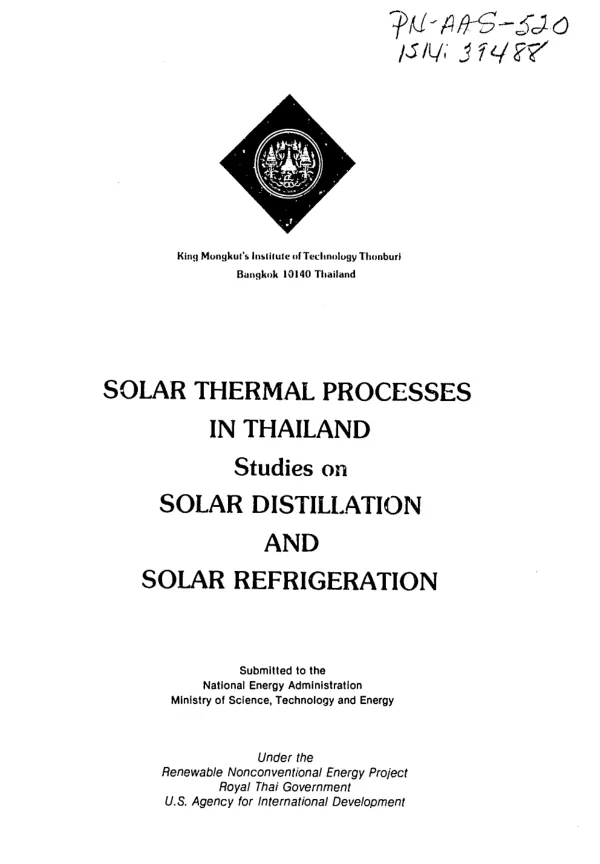 Solar thermal processes in Thailand : studies on solar distillation and solar refrigeration