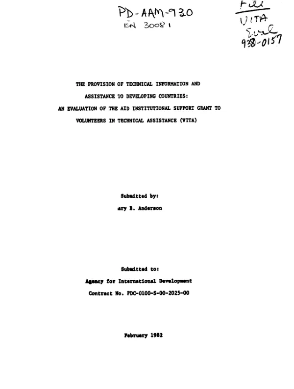 Provision of technical information and assistance to developing countries : an evaluation of the AID institutional support grant to Volunteers in Technical Assistance (VITA)