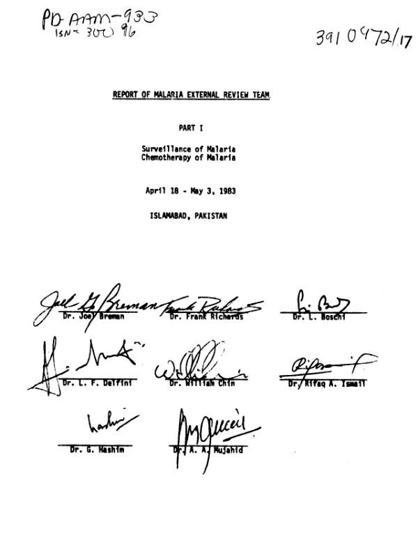 Report of malaria external review team. Part I : surveillance of malaria, chemotherapy of malaria