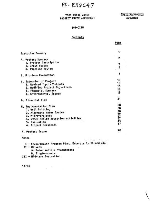 Togo rural water : project paper amendment