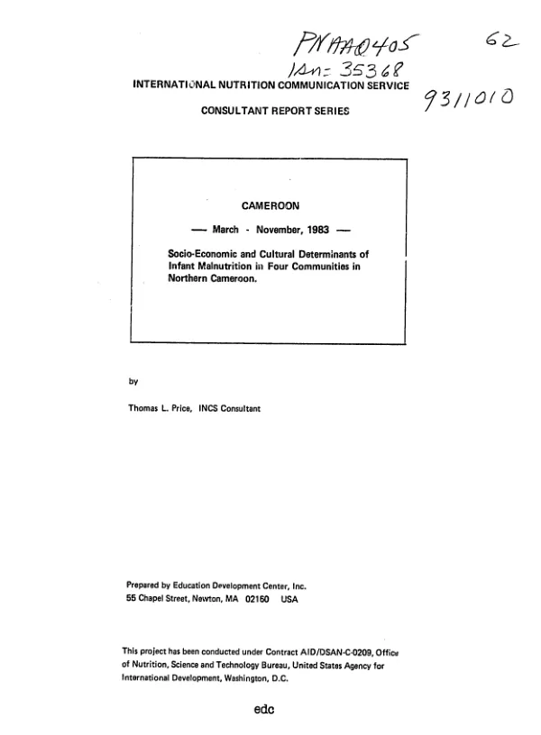 Cameroon, March-November 1983 : socio-economic and cultural determinants of infant malnutrition in four communities in Northern Cameroon
