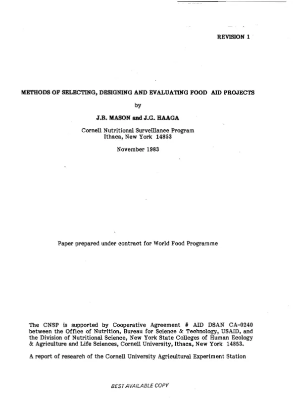 Methods of selecting, designing and evaluating food aid projects