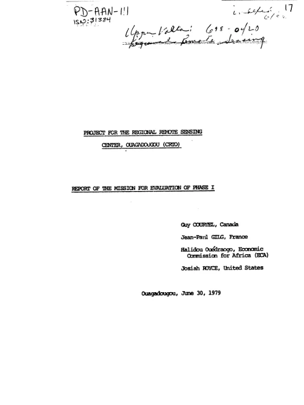Project for the Regional Remote Sensing Center, Ouagadougou (CRTO) : report of the mission for evaluation of phase I