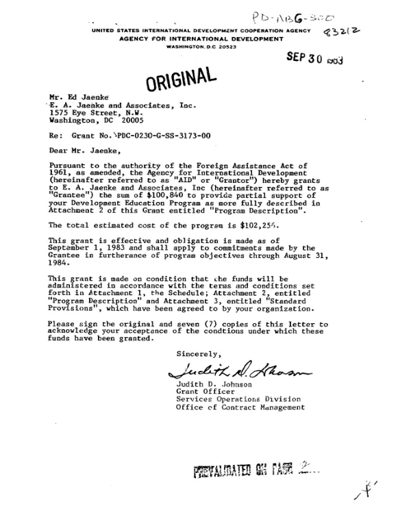 AID grant no. PDC-0230-G-SS-3173-00 to E.A. Jaenke and Associates, Inc. for a program in development education