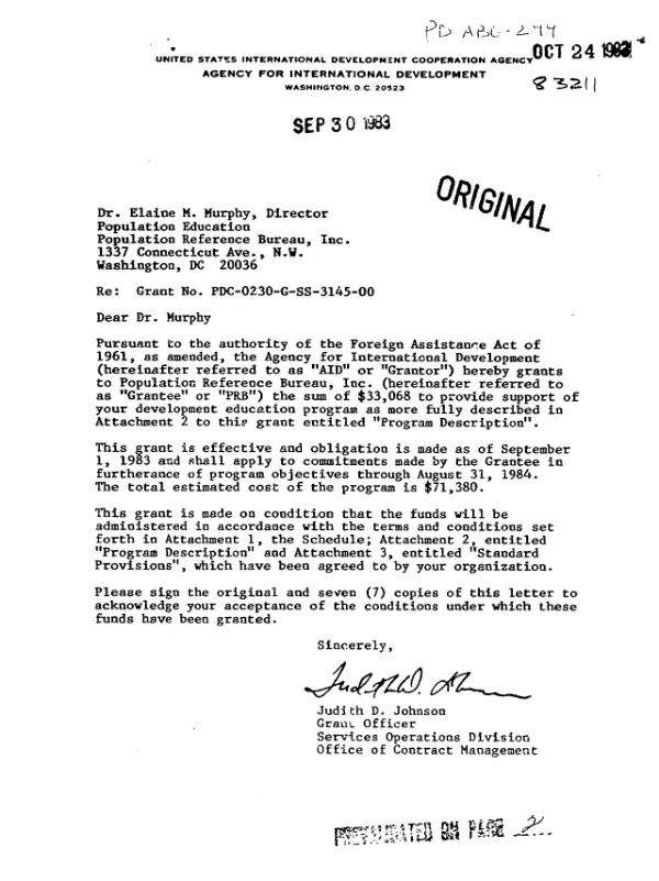 AID grant no. PDC-0230-G-SS-3145-00 to the Population Reference Bureau, Inc. for a program in development education