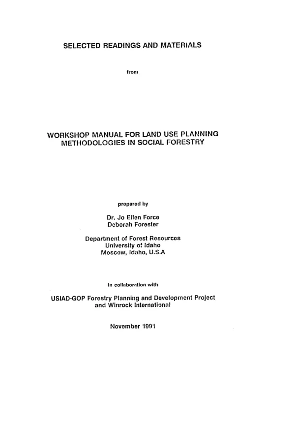 Workshop manual for land use planning methodologies in social forestry : selected readings and materials
