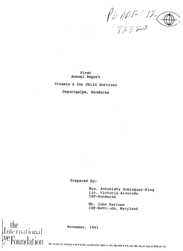 First annual report : vitamin A for child survival, Tegucigalpa, Honduras