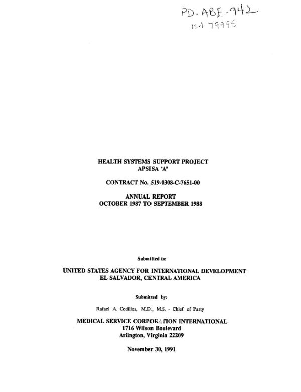 Health systems support project, APSISA `A", contract no. 519-0308-C-7651-00 : annual report -- October 1987 to September 1988