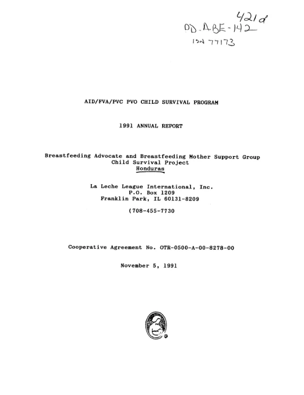 AID/FVA/PVC PVO child survival program -- 1991 annual report : breastfeeding advocate and breastfeeding mother support group, child survival project, Honduras
