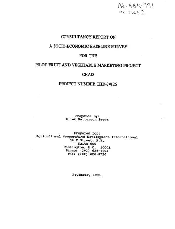 Consultancy report on a socio-economic baseline survey for the pilot fruit and vegetable marketing project -- Chad, project number CHD-3#126