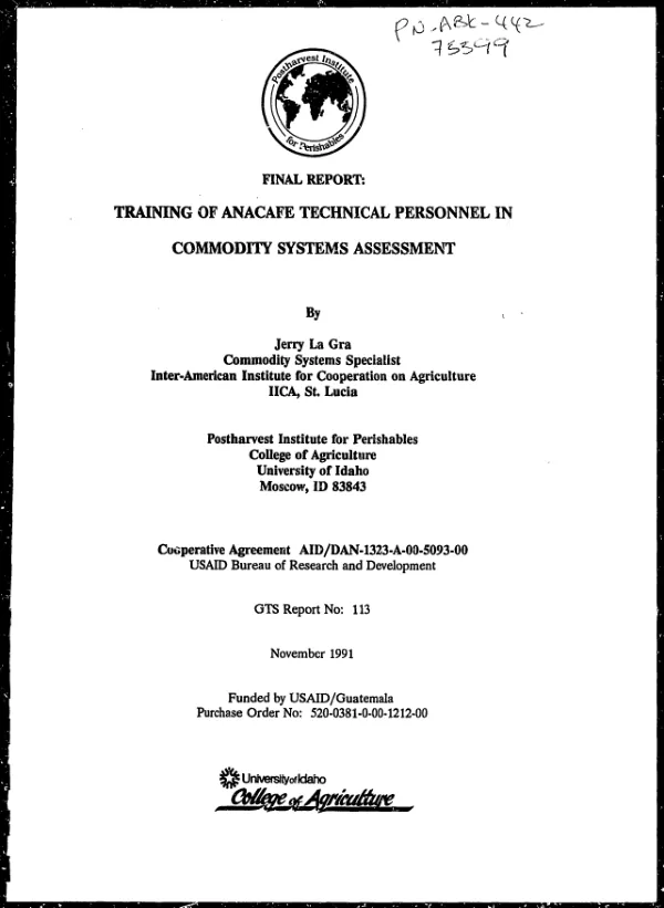 Final report : training of ANACAFE technical personnel in commodity systems assessment