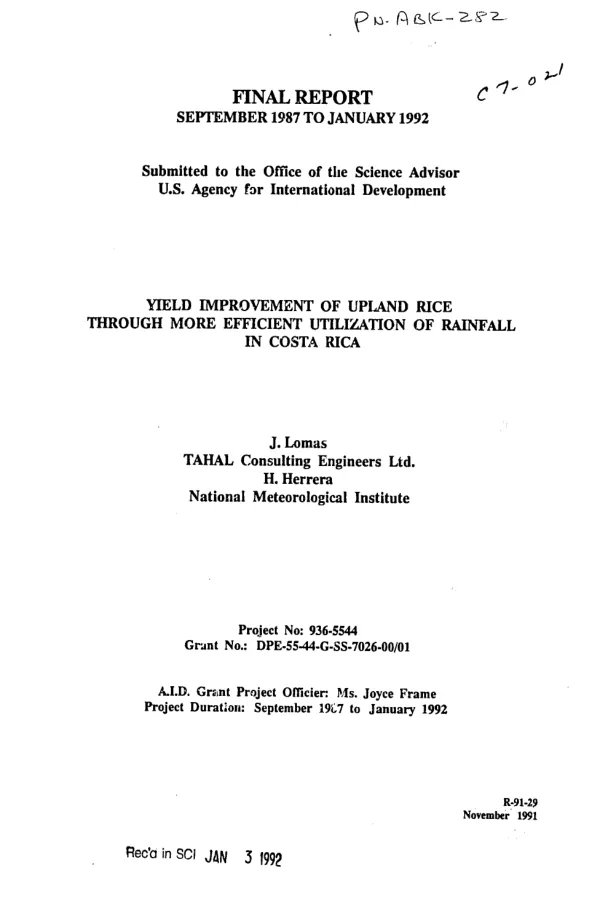 Final report, September 1987 to January 1992 : yield improvement of upland rice through more efficient utilization of rainfall in Costa Rica