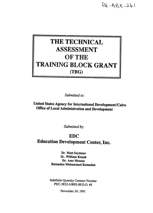 Technical assessment of the training block grant (TBG)