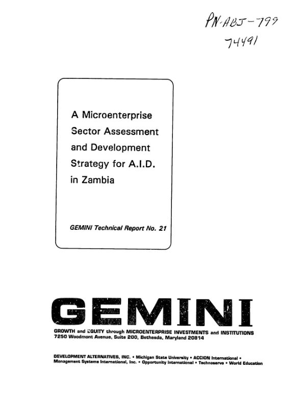 Microenterprise sector assessment and development strategy for AID in Zambia