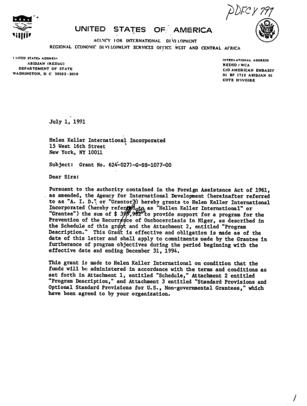 AID grant no. 624-0277-G-SS-1077-00 to the Helen Keller International for the prevention of the recurrence of onchocerciasis in Niger