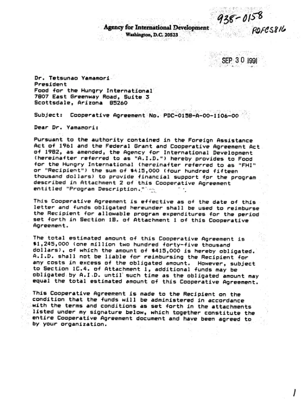 AID cooperative agreement no. PDC-0158-A-00-1106-00 to Food for the Hungry International (FHI) for a project to strengthen its rural development centers with technical assistance in Bolivia, expended agricultural works in the Alta Verapaz region of Guatemala, and improve the capacity of FHI staff to monitor and perform evaluations