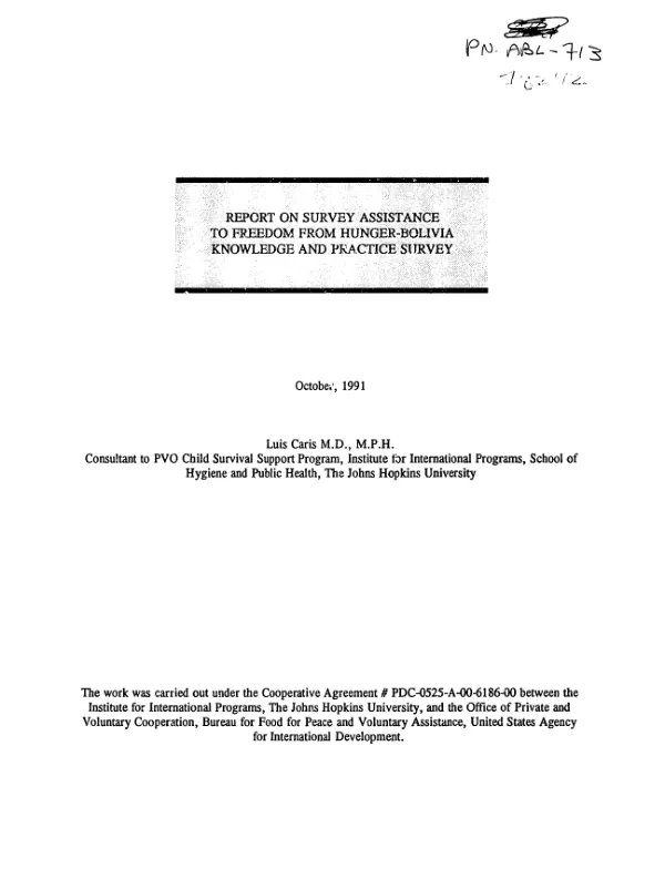 Report on survey assistance to Freedom from Hunger - Bolivia : knowledge and practice survey