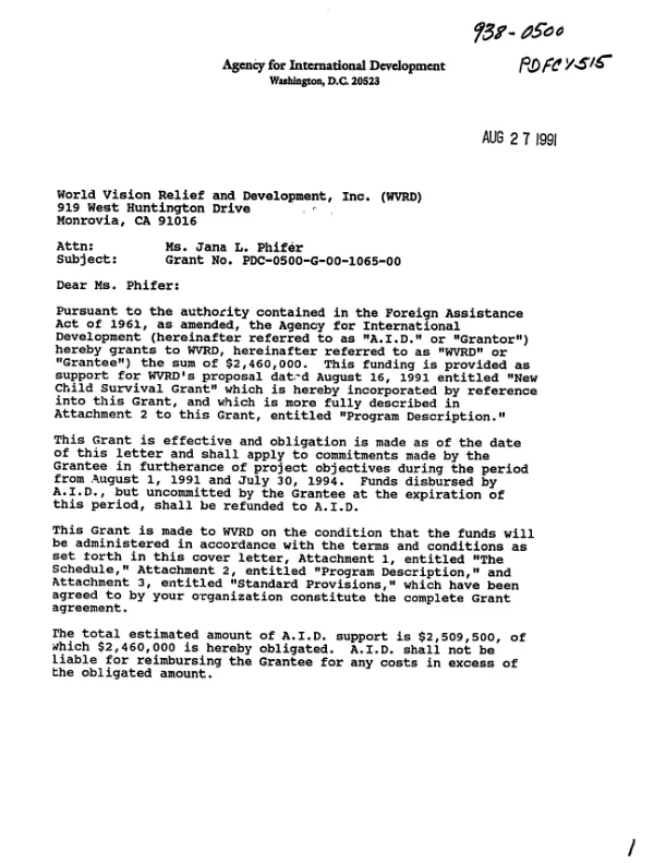 AID grant no. PDC-0500-G-00-1065-00 to World Vision Relief and Development, Inc. (WVRD) to support child survival projects in Bangladesh, Haiti, Mali, Senegal, and Zimbabwe